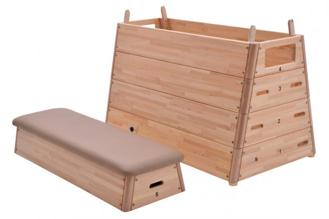 5-PART SLOPING VAULTING BOX, NATURAL LEATHER, TRANSPORT TROLLEY